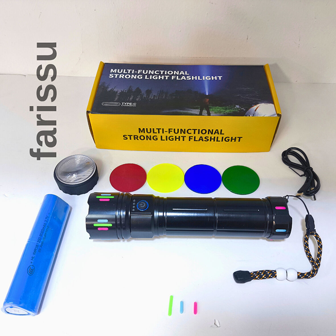 100W Şarjlı Zoomlu LED El Feneri | 9000 mAh | 8000-12000 Lümen | Renkli Lensli | Type-C Şarjlı