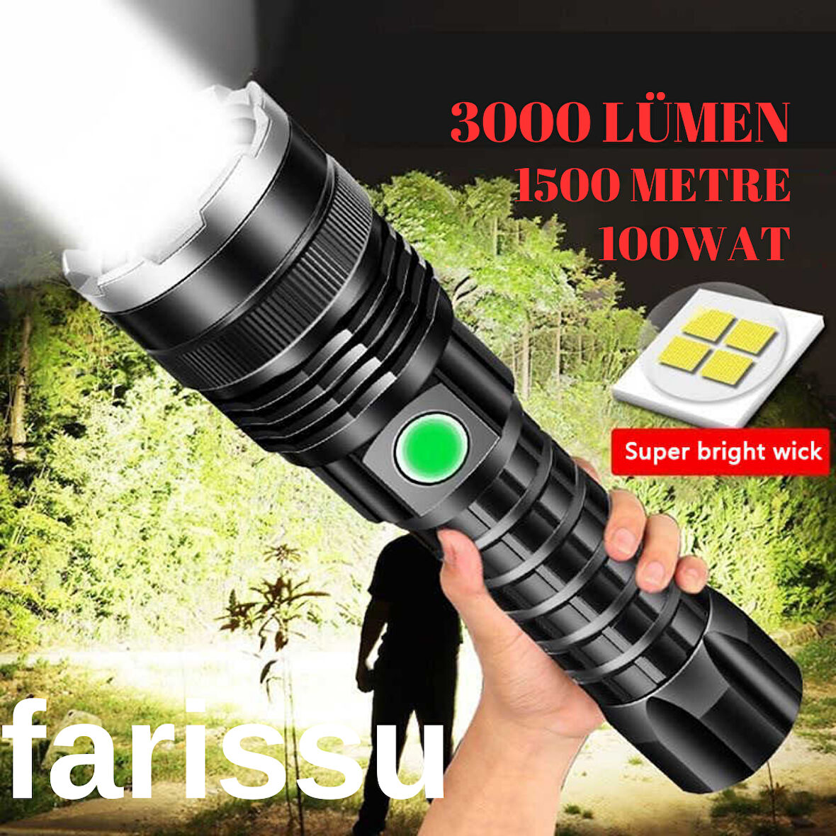 Gold Orion OR-A72 Alüminyum Alaşımlı El Feneri – 100W Güç, 3000 Lümen, 1500 Metre Menzil metal fener hediye