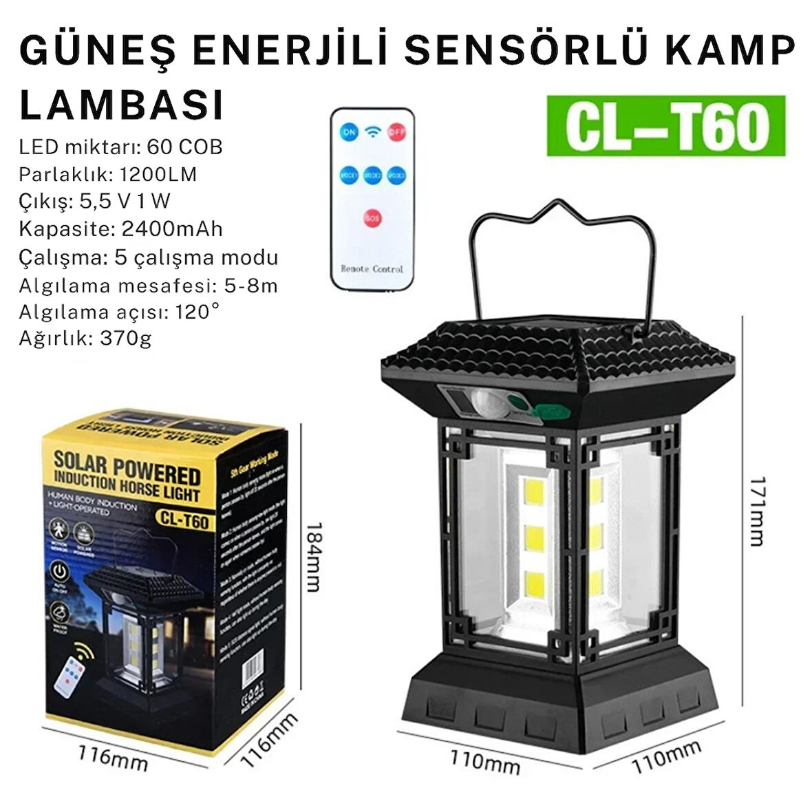 Uzaktan Kumandalı CL-T60 Solar LED Lamba - 2400mAh Pil Kapasiteli, Su Geçirmez kamp lambası