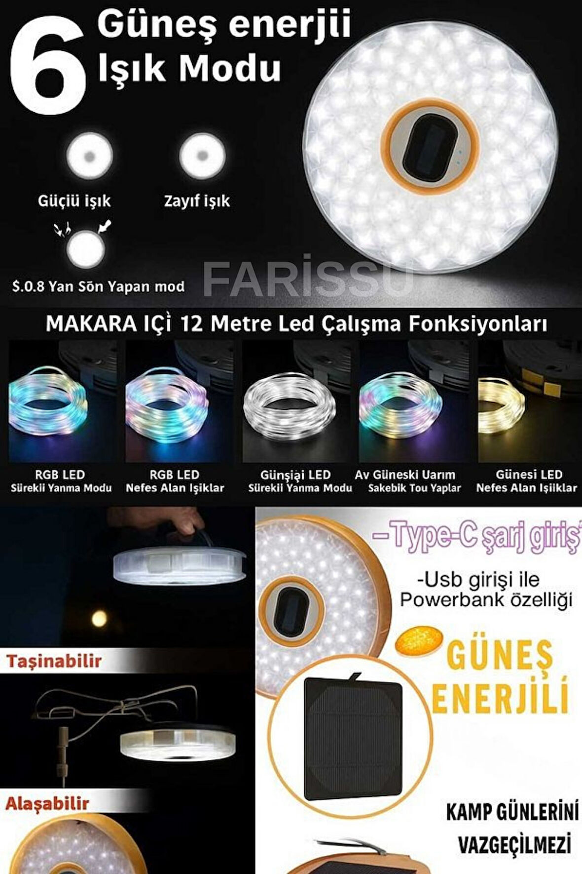 Güneş Enerjili Çok Fonksiyonlu Kamp Lambası ve 12 Metre RGB LED Işık Şeridi - USB Powerbank Özellikli