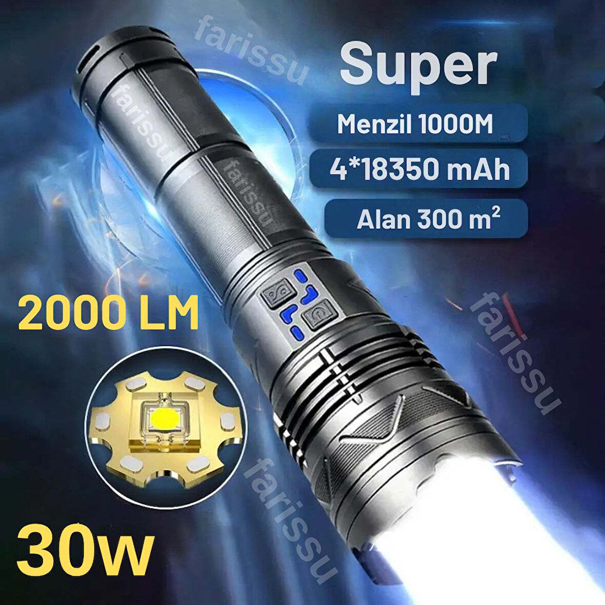 Süper Parlak 30W LED El Feneri - 2000 Lümen, 1000 Metre Menzil ve Powerbank Özelliği