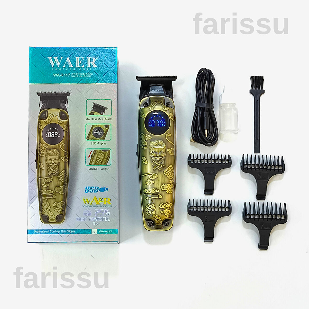 WAER WA-0117 Şarjlı Saç Sakal Kesme Makinesi – LCD Ekranlı, USB Şarjlı, 4 Taraklı