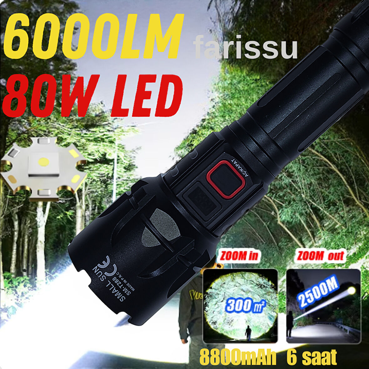 SMALL SUN SM-T288 80W 6000 Lümen 26800 mAh 1 ile 1,5 Km Menzilli Şarjlı El Feneri
