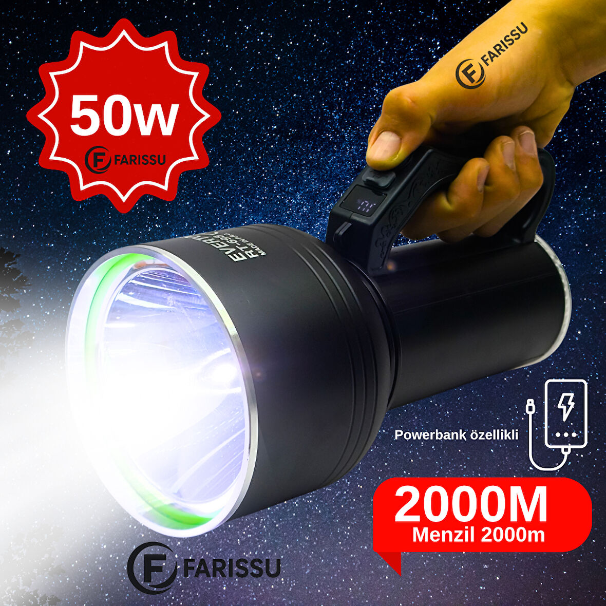 EVERTON RT-698 Şarjlı LED Projektör Fener - 50W Güç, 2000M Menzil ve Powerbank Özelliği