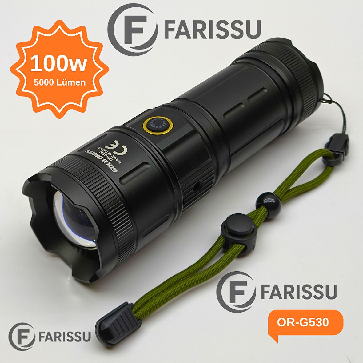 OR-G530 Alüminyum Gövdeli Güçlü Şarjlı Fener | 100W, 5000 Lümen, 9000 mAh Powerbank Özellikli