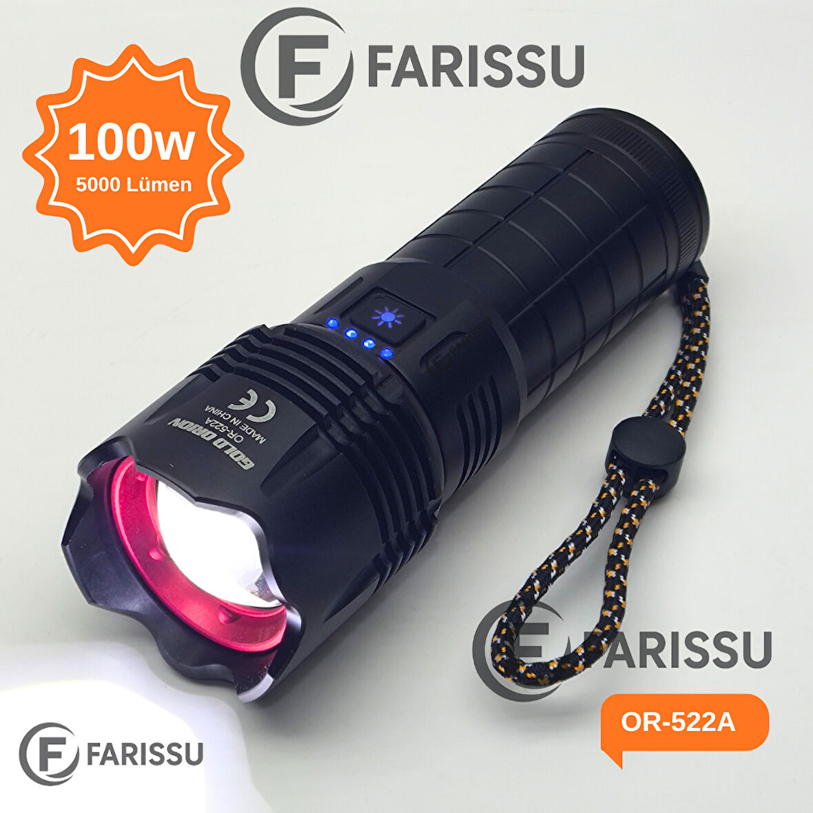 OR-522A Şarj Edilebilir Çok Fonksiyonlu LED El Feneri - 100W, 5000 Lümen, 9000 mAh