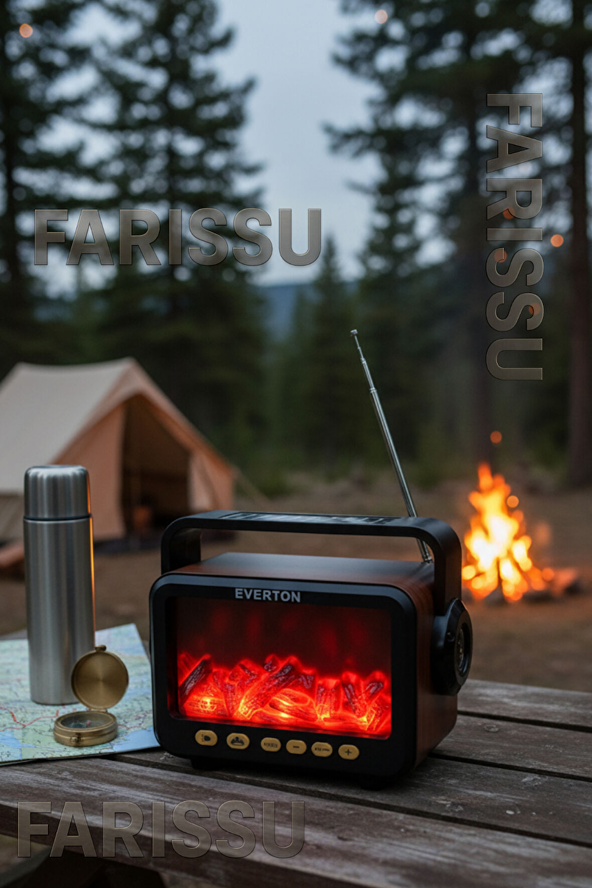 RT-734 Gerçek Eskitme Görünümlü Şömine Efektli Nostaljik Radyo | Güneş Enerjili, Bluetooth'lu, Fenerli