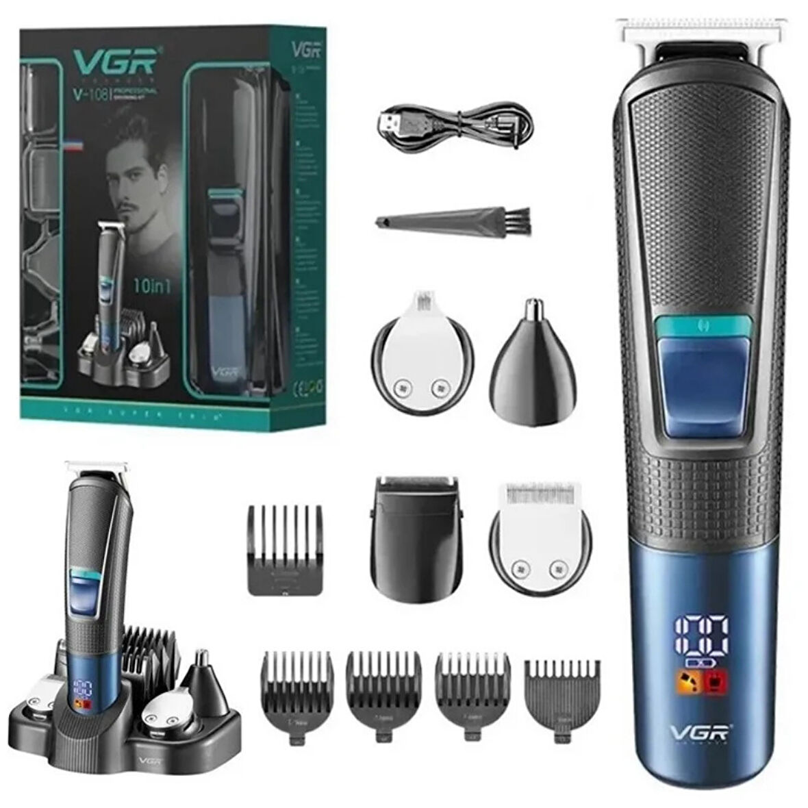 V-108 10 in 1 Profesyonel Erkek Bakım Seti - Standlı, LED Ekranlı Saç Sakal ve Vücut Tıraş Makinesi