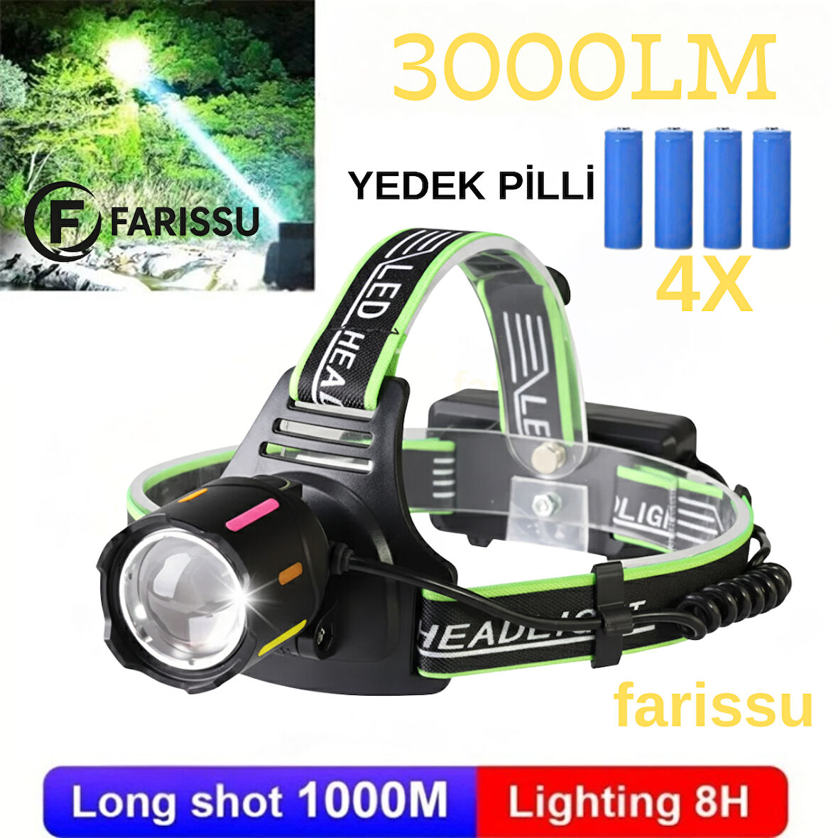 30W Ultra Güçlü LED Kafa Lambası (4 Adet Pilli - Yedek Bataryalı Set) - 3000 Lümen 1000m Menzil