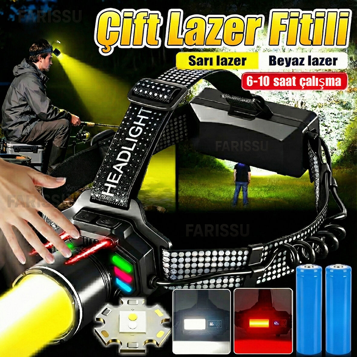 Sensörlü 30W Çift Işık (Sarı & Beyaz) Şarjlı Kafa Feneri - 10 Saate Varan Pil Ömrü ve Zoom Özellikli