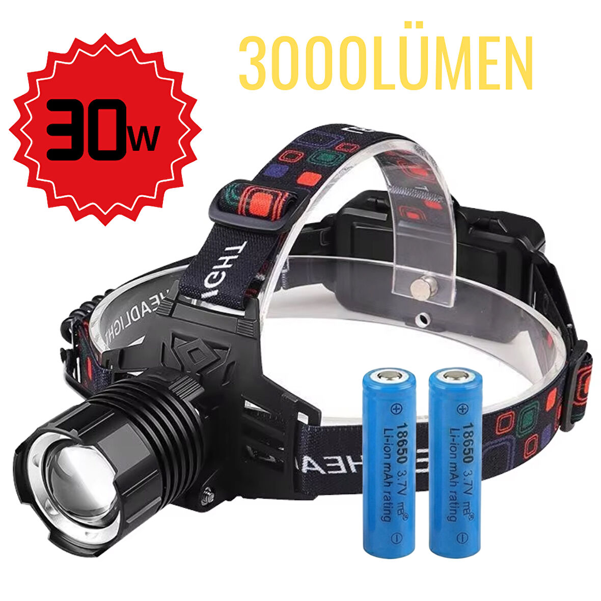 1 KM Menzilli 3000 Lümen Şarjlı Kafa Feneri - 30W Güç,  IPX-7 Suya Dayanıklı Kamp/Av Feneri