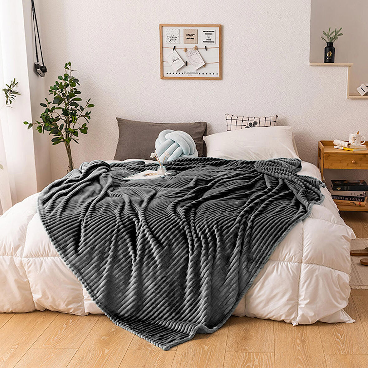 Mulberry Fitilli Tek Kişilik Polar Battaniye Antrasit 170 x 230 cm