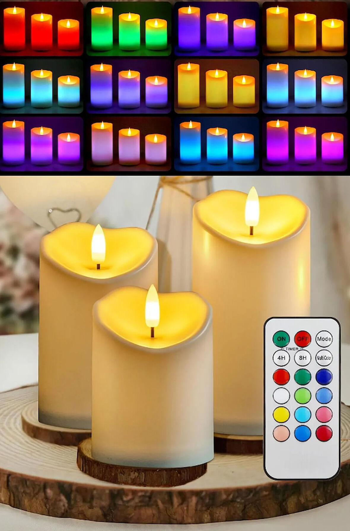 Led Mum Küçük Orta Büyük Pilli Dumansız Alev Dekoratif Yapay Mum 3LÜ SET 12 RENK 3 MOD Kumandalı