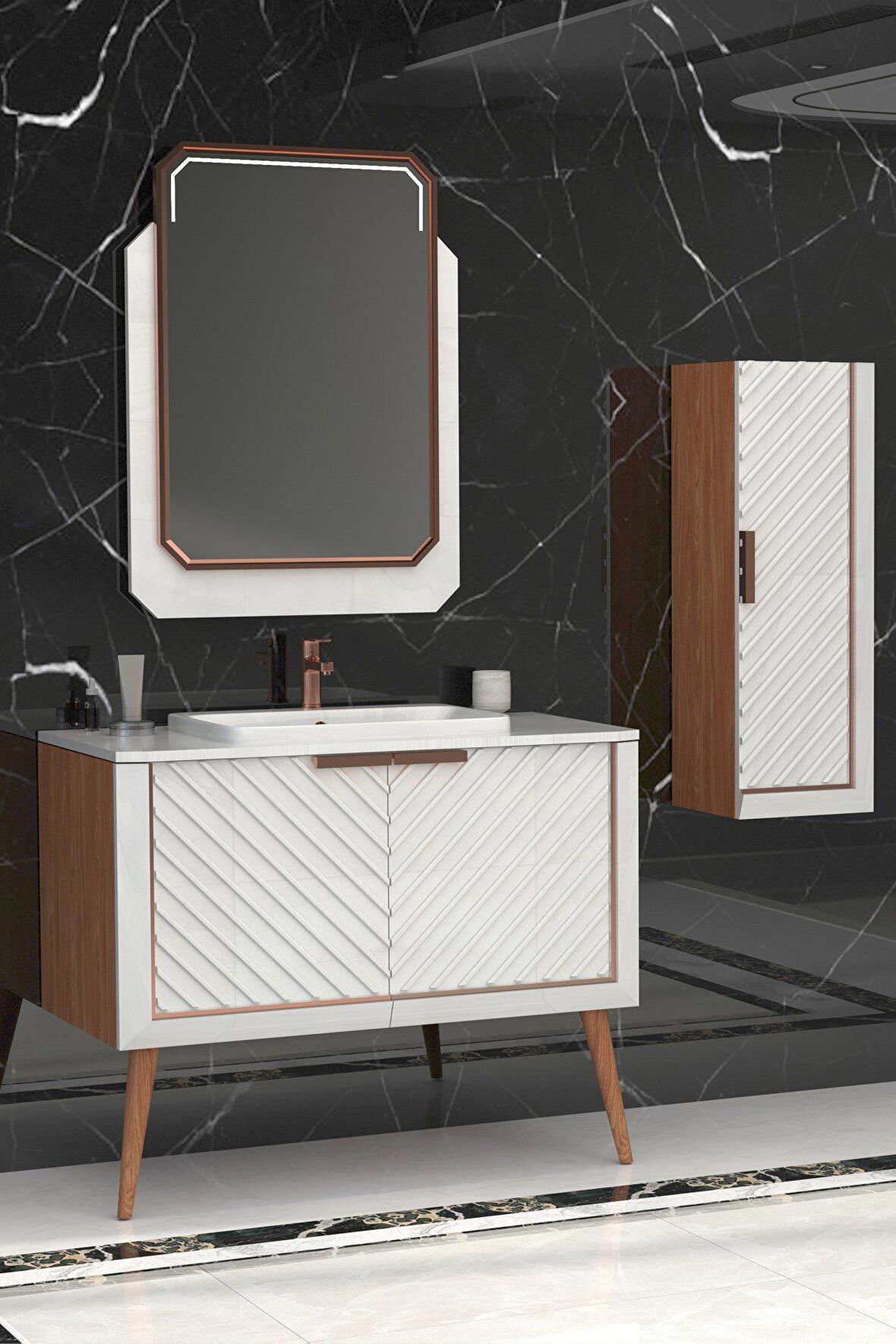MİGELLA 100CM BANYO DOLABI BEYAZ/MEŞE - BOY DOLAP DAHİL 