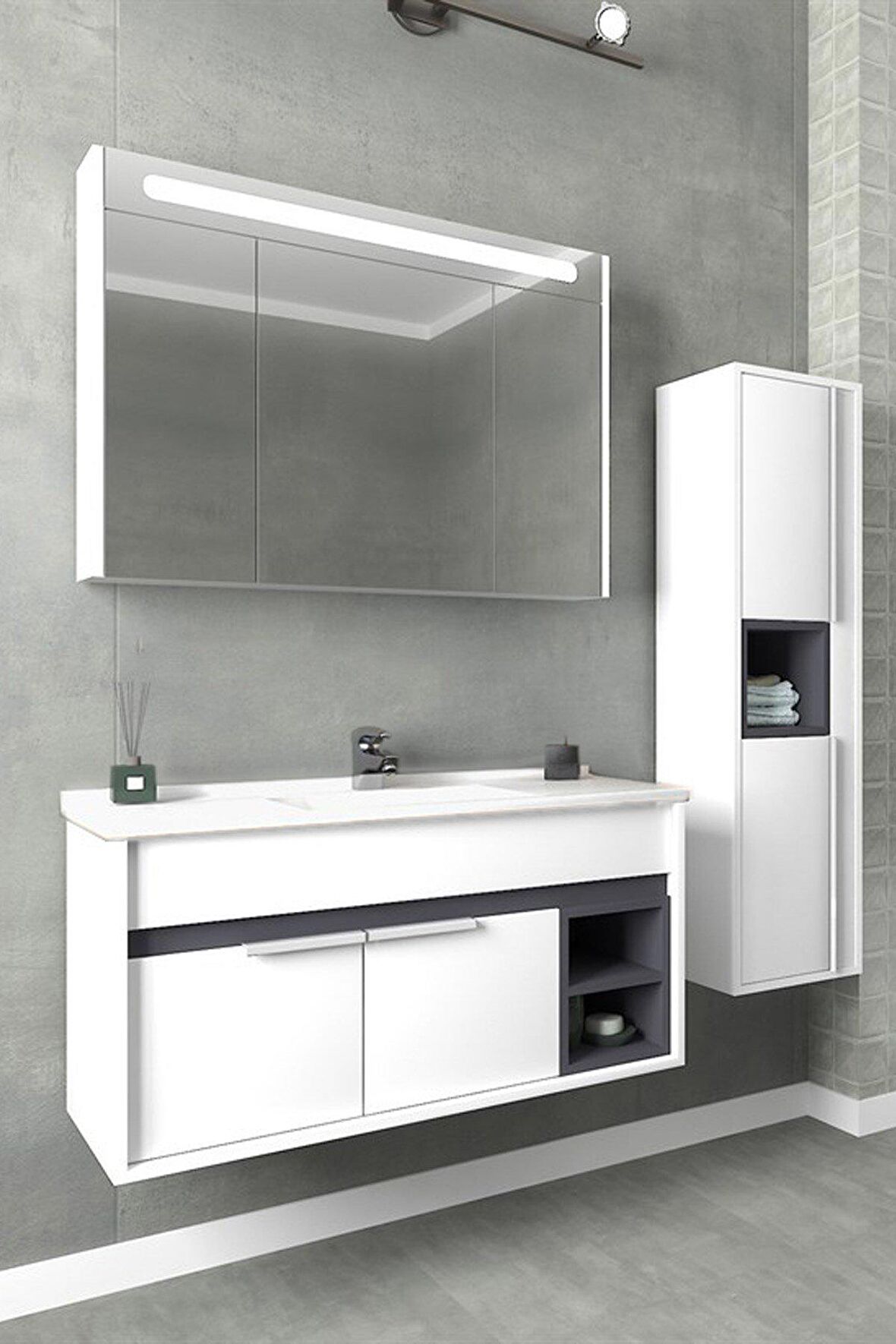 NAPOLİ 100 CM BEYAZ LAVABOLU BANYO DOLABI  BEYAZ/ANTRASİT - BOY DOLAP DAHİL 