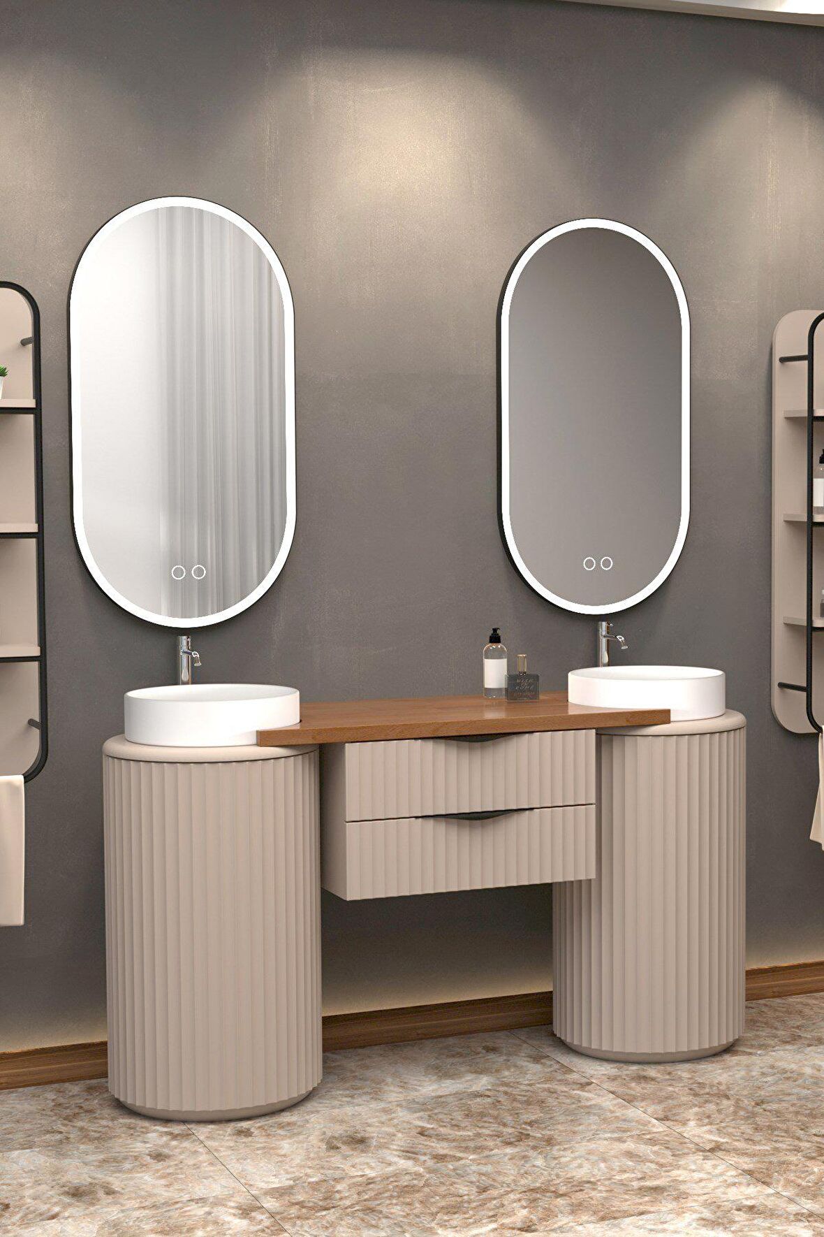 LOTUS DUO 150 CM BEYAZ LAVABOLU BANYO DOLABI VİZON - RAF MODÜL HARİÇ