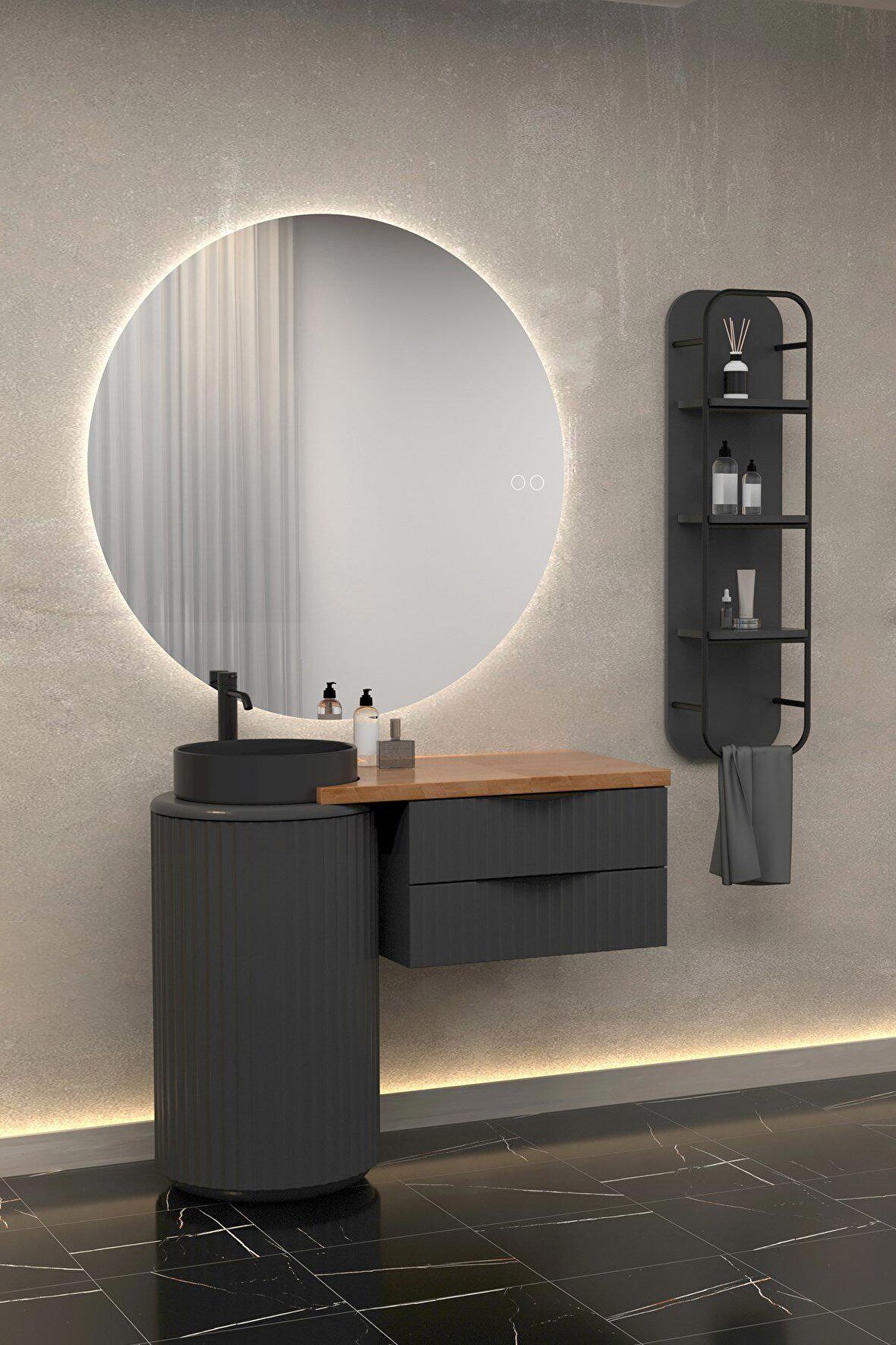 LOTUS SINGLE 105 CM ANTRASİT LAVABOLU BANYO DOLABI ANTRASİT - RAF MODÜL DAHİL