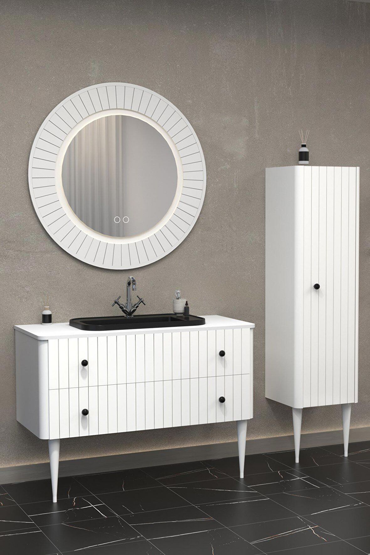 SOLARİS 120 CM SİYAH LAVABOLU BANYO DOLABI BEYAZ AYAKLI - BOY DOLAP HARİÇ