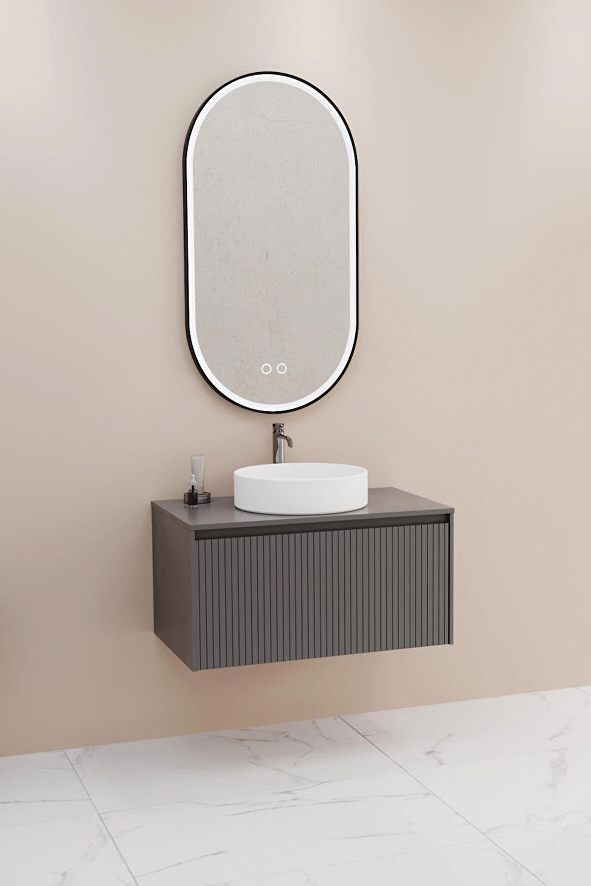 ALMONDE 80 CM ANTRASİT LAVABOLU BANYO DOLABI  ANTRASİT - RAF VE BOY DOLAP HARİÇ