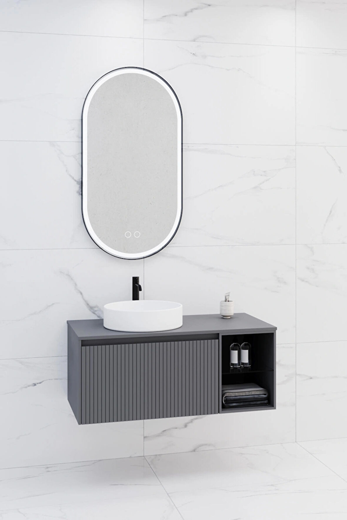 ALMONDE 100 CM BEYAZ LAVABOLU BANYO DOLABI  ANTRASİT - RAF VE BOY DOLAP HARİÇ