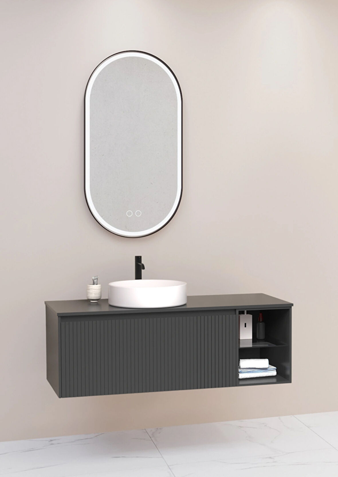 ALMONDE 120 CM BEYAZ LAVABOLU BANYO DOLABI  ANTRASİT - RAF VE BOY DOLAP HARİÇ