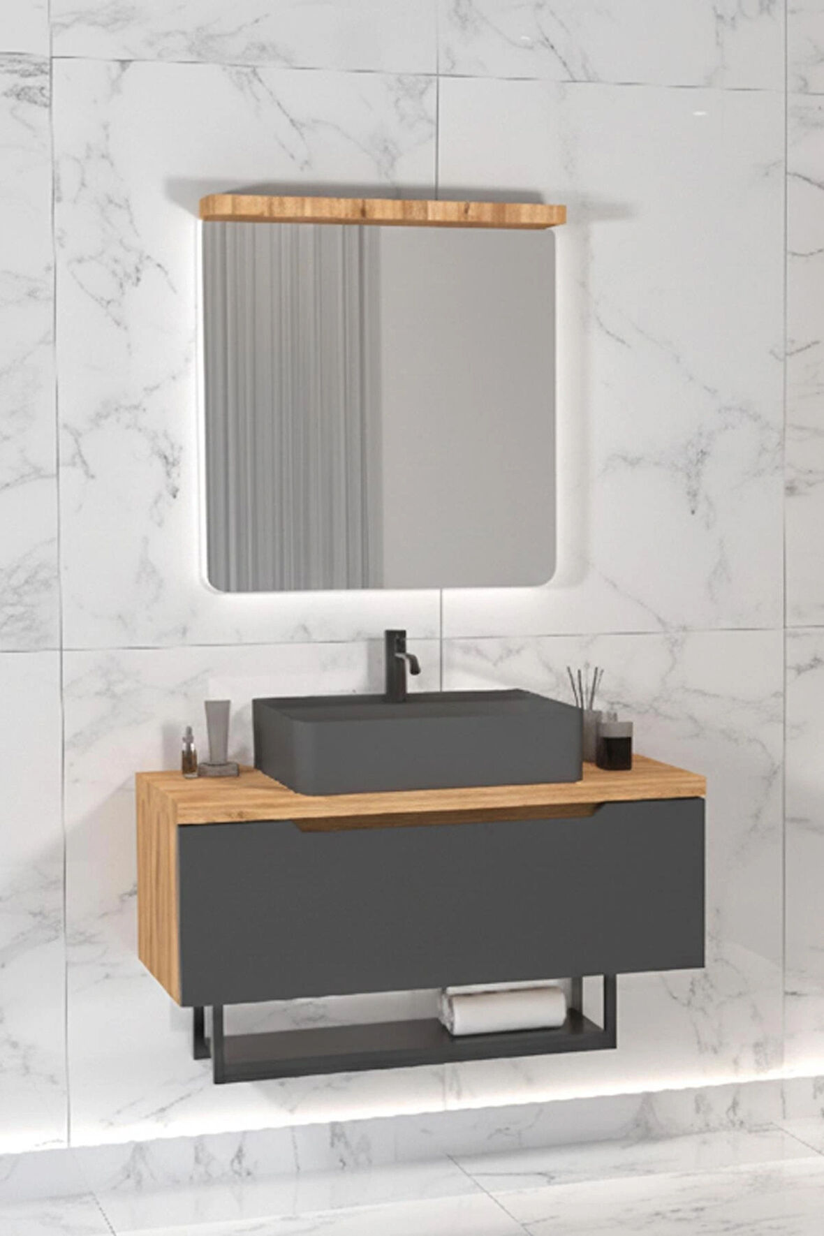 MELODY 90 CM ANTRASİT LAVABOLU BANYO DOLABI  BEYZADE / ANTRASİT - SAĞ VE SOL BOY DOLAP HARİÇ