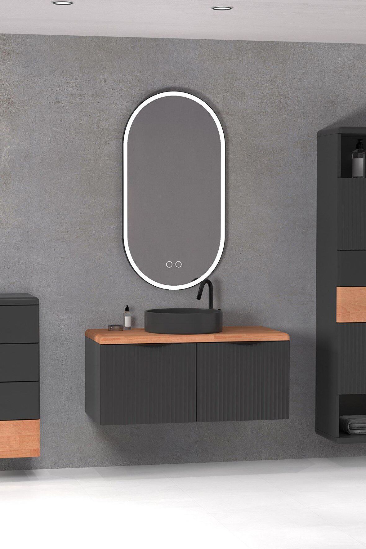 BELISSIMO 100 CM ANTRASİT LAVABOLU BANYO DOLABI  ANTRASİT /  KAYIN - YAN ÜNİTE VE BOY DOLAP DAHİL