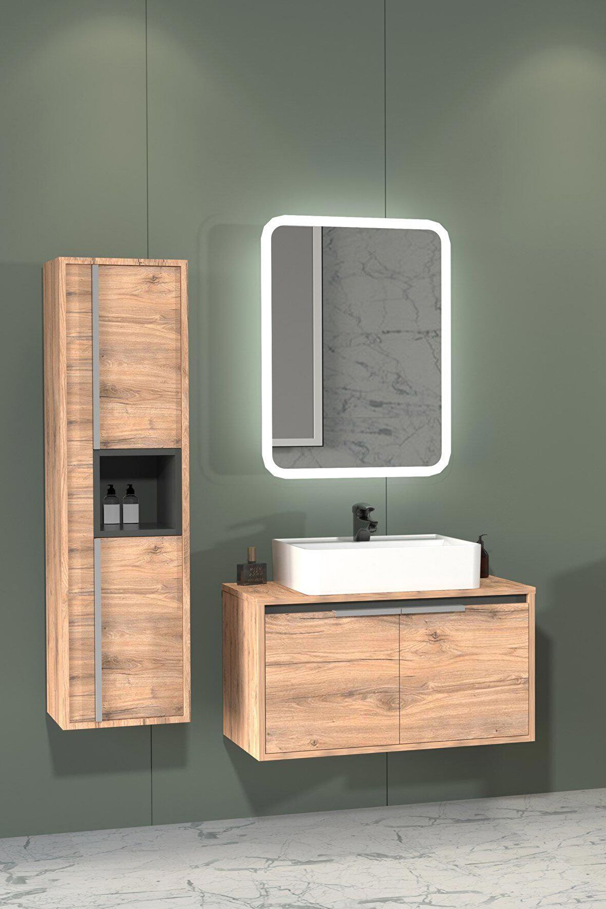 CAMARO 80 CM BEYAZ LAVABOLU BANYO DOLABI - BOY DOLAP DAHİL