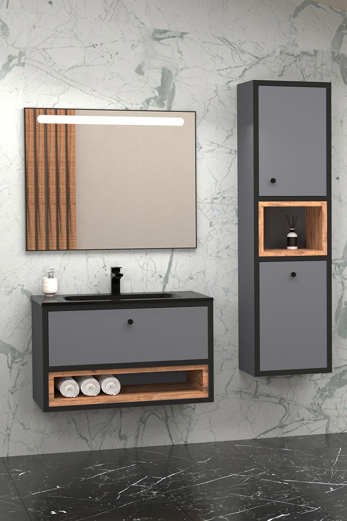 ESPERO 80 CM SİYAHLAVABOLU BANYO DOLABI - BOY DOLAP DAHİL