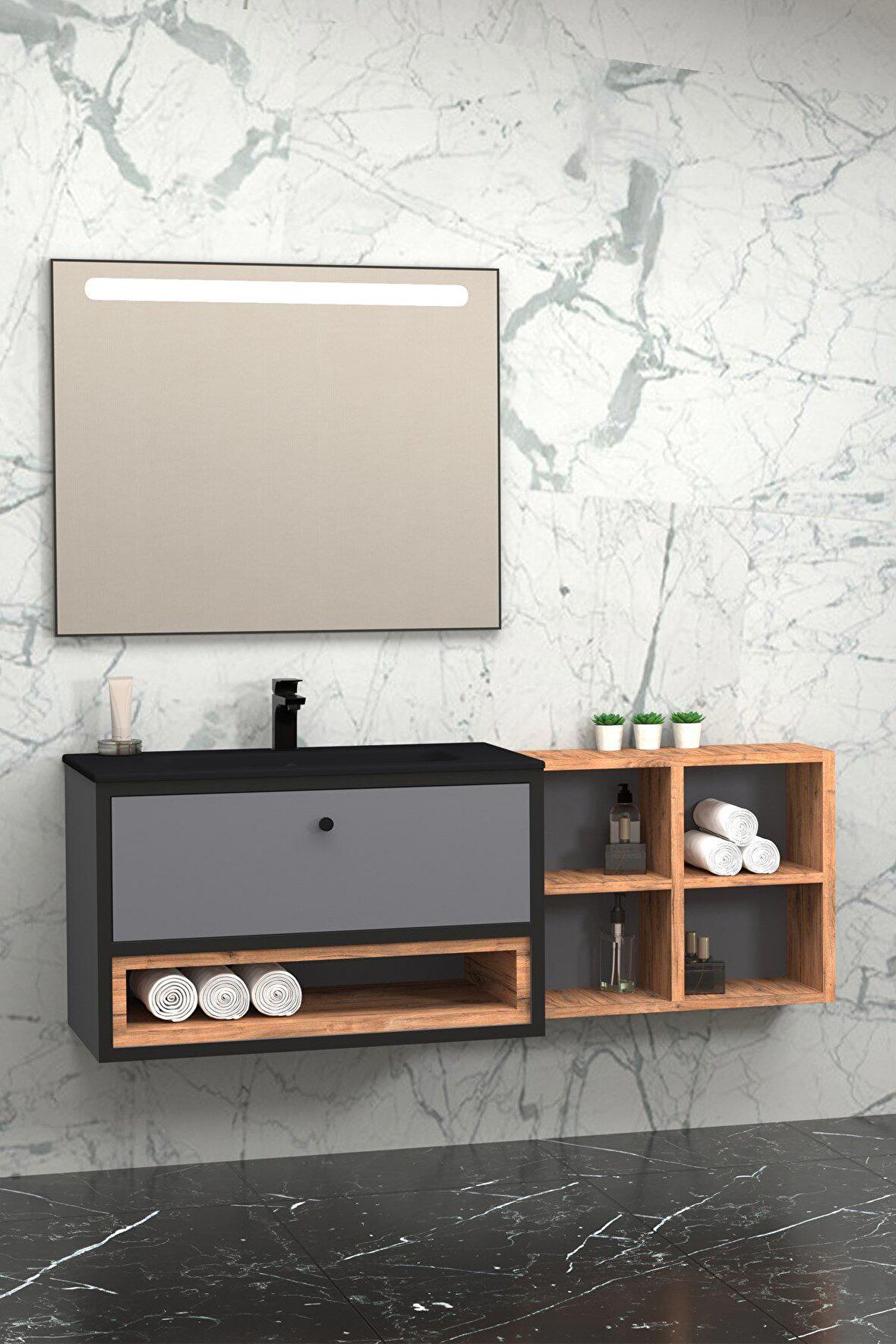 ESPERO 145 CM SİYAHLAVABOLU BANYO DOLABI - BOY DOLAP DAHİL
