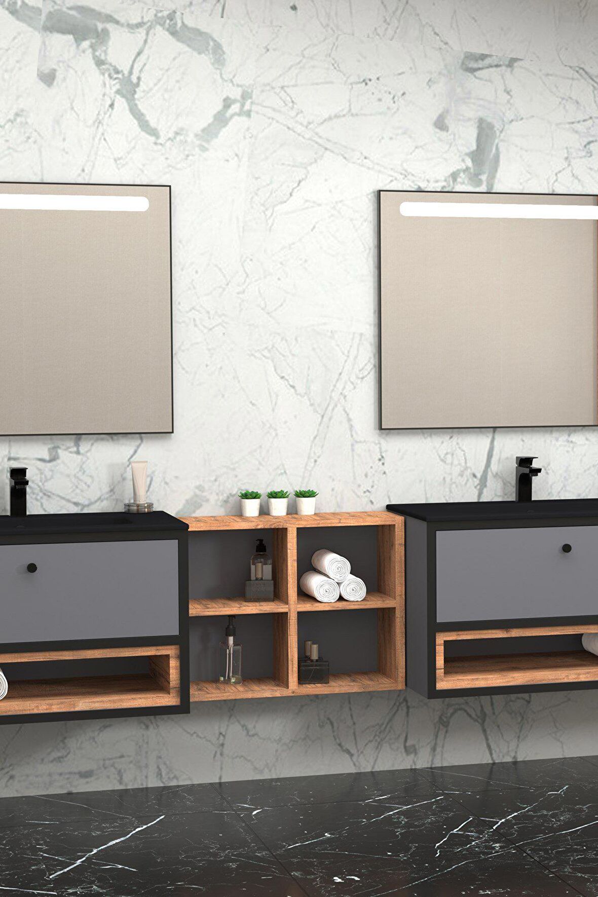ESPERO 225 CM SİYAHLAVABOLU BANYO DOLABI - BOY DOLAP DAHİL