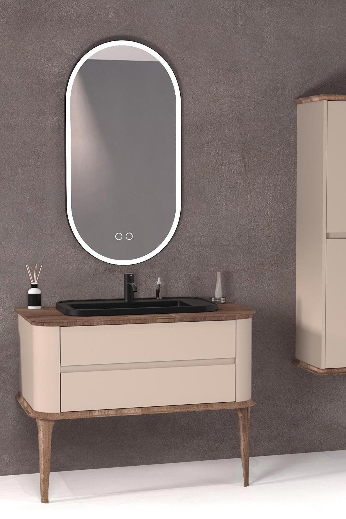 PIER 100 CM SİYAH LAVABOLU BANYO DOLABI VİZON / KAYIN  - BOY DOLAP DAHİL