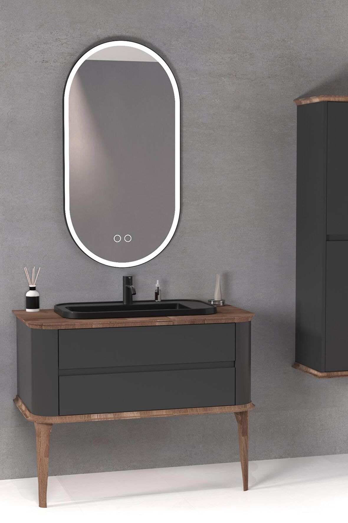 PIER 100 CM SİYAH LAVABOLU BANYO DOLABI ANTRASİT / KAYIN - BOY DOLAP DAHİL