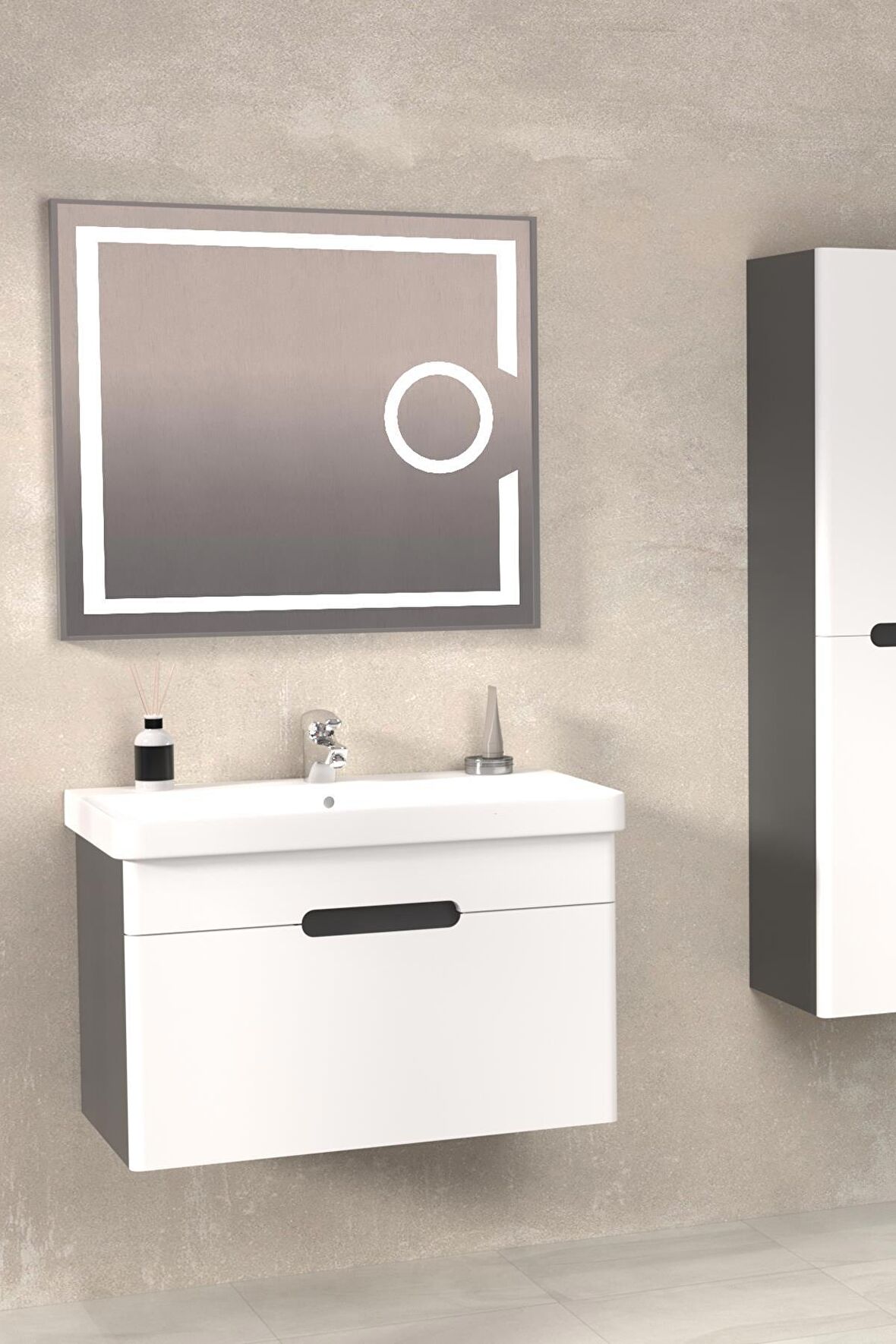 OLIMPIA 80 CM BANYO DOLABI  LED MERCEK AYNALI ANTRASİT / BEYAZ -  BOY DOLAP HARİÇ
