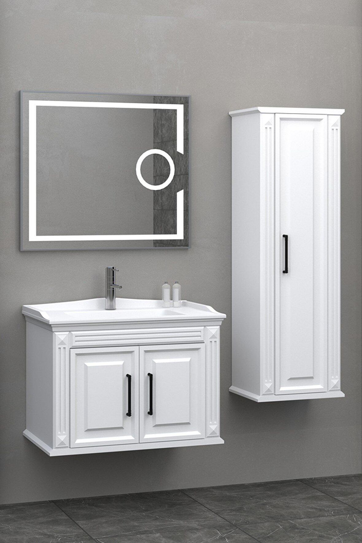 MİLANO 80 CM BANYO DOLABI LED MERCEK AYNALI BEYAZ  - BOY DOLAP DAHİL