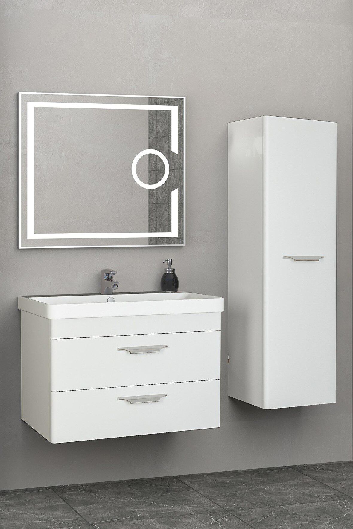 MARİA 80 CM BANYO DOLABI LED MERCEK AYNALI BEYAZ - BOY DOLAP DAHİL