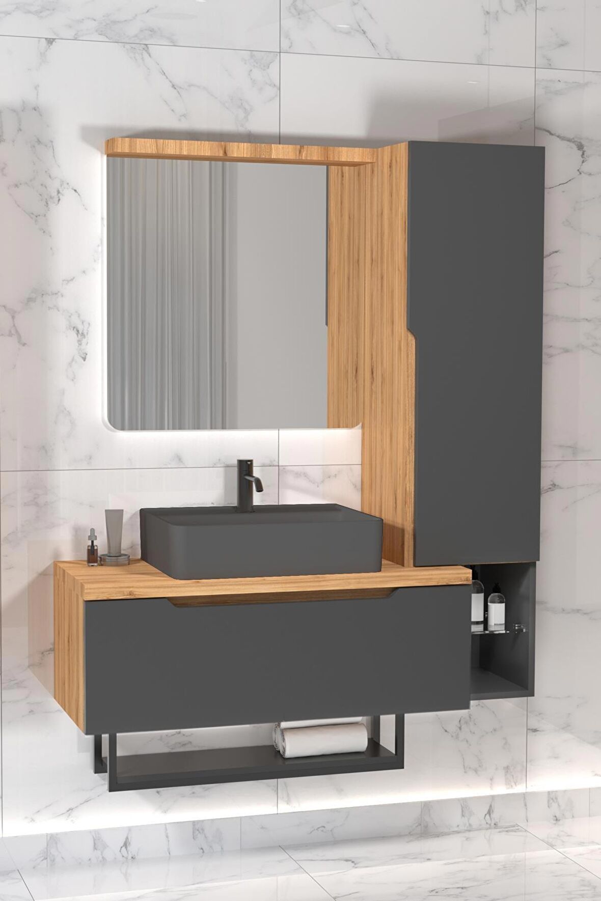 MELODY 90 CM ANTRASİT LAVABOLU BANYO DOLABI  BEYZADE / ANTRASİT - SAĞ BOY DOLAP DAHİL