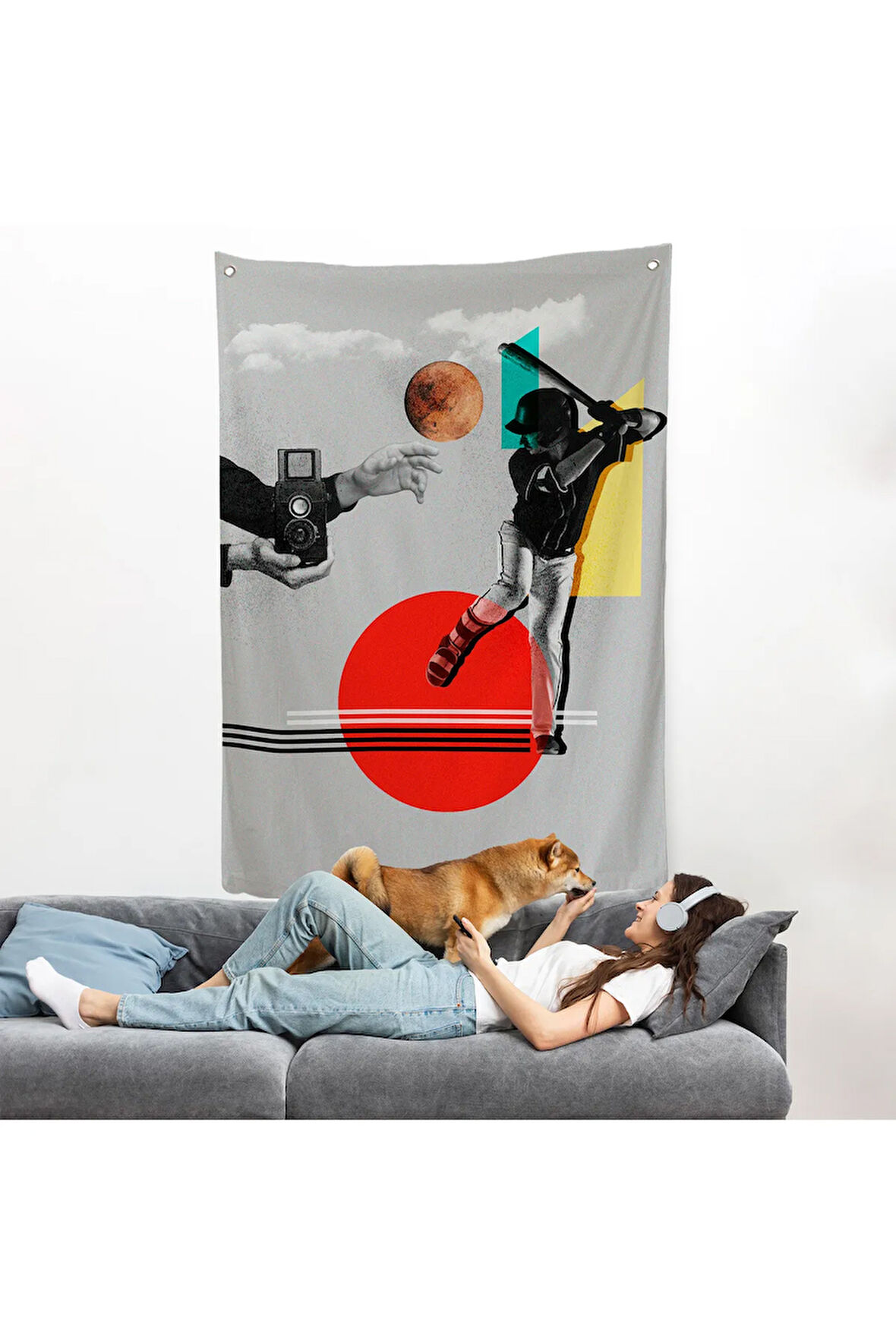 Beyzbol Sporcusu ve Kamera Tutan Retro Eller Duvar Örtüsü-7917