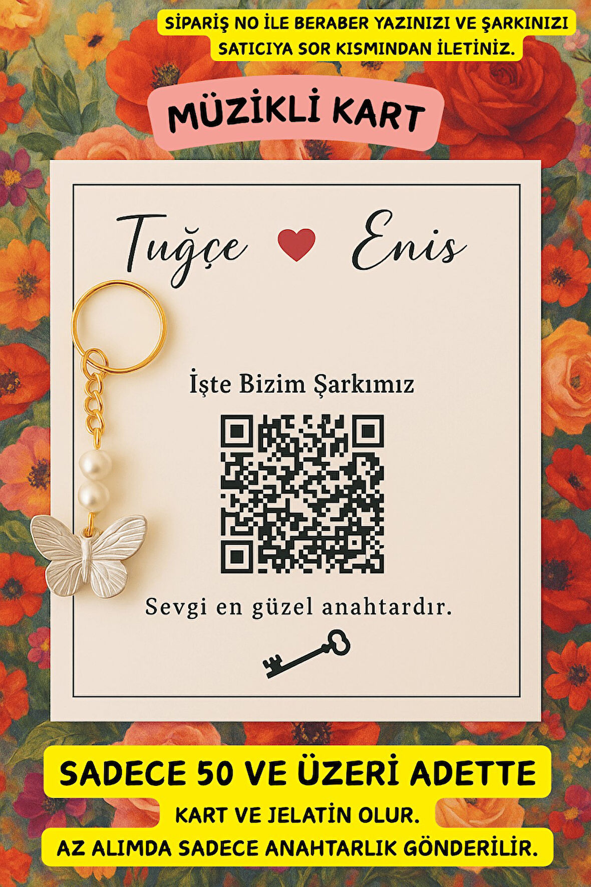 Kalpli Karekodlu Kart  - 10 Adet Kelebek Anahtarlık - Kına Hediyesi -Nikah Hediyesi - Nişan Hediye