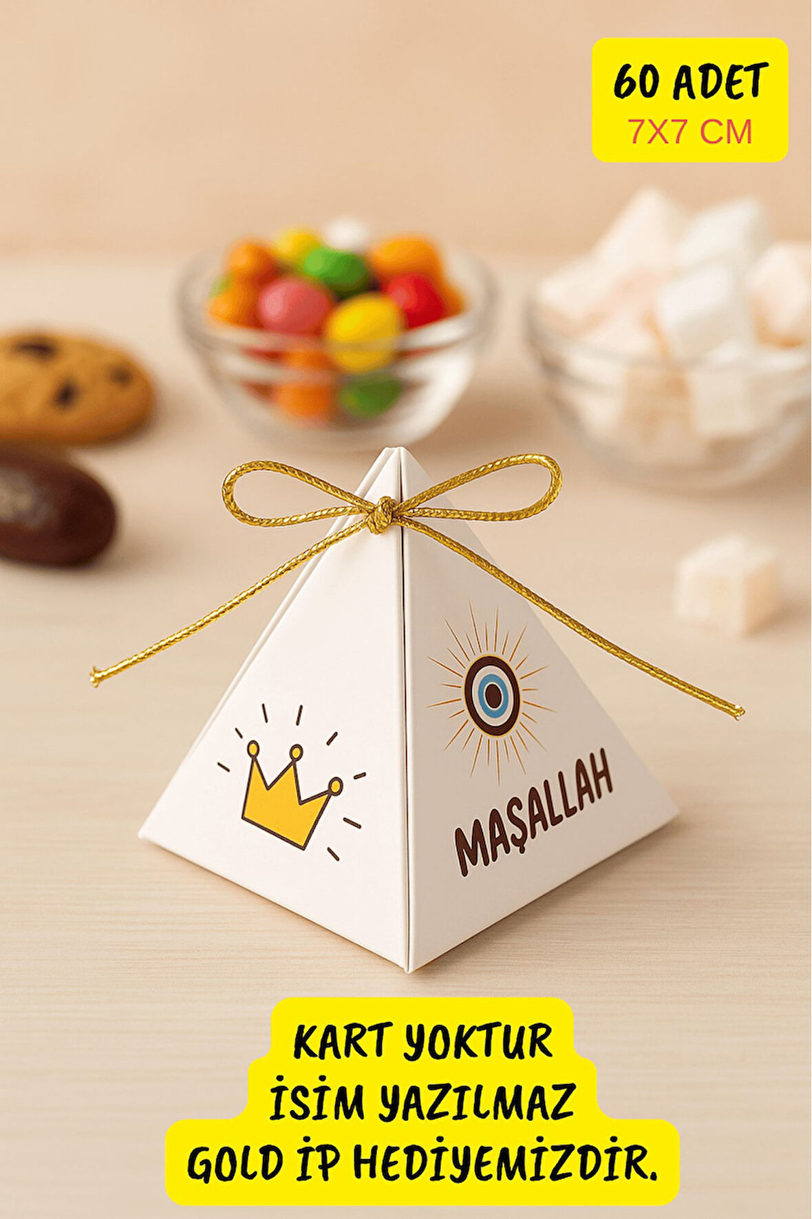 60 Adet Nazar Maşallah Sünnet Hediye Kutusu - Mevlid Hediye - Lokum Kutusu - Piramit Şeker Kutusu