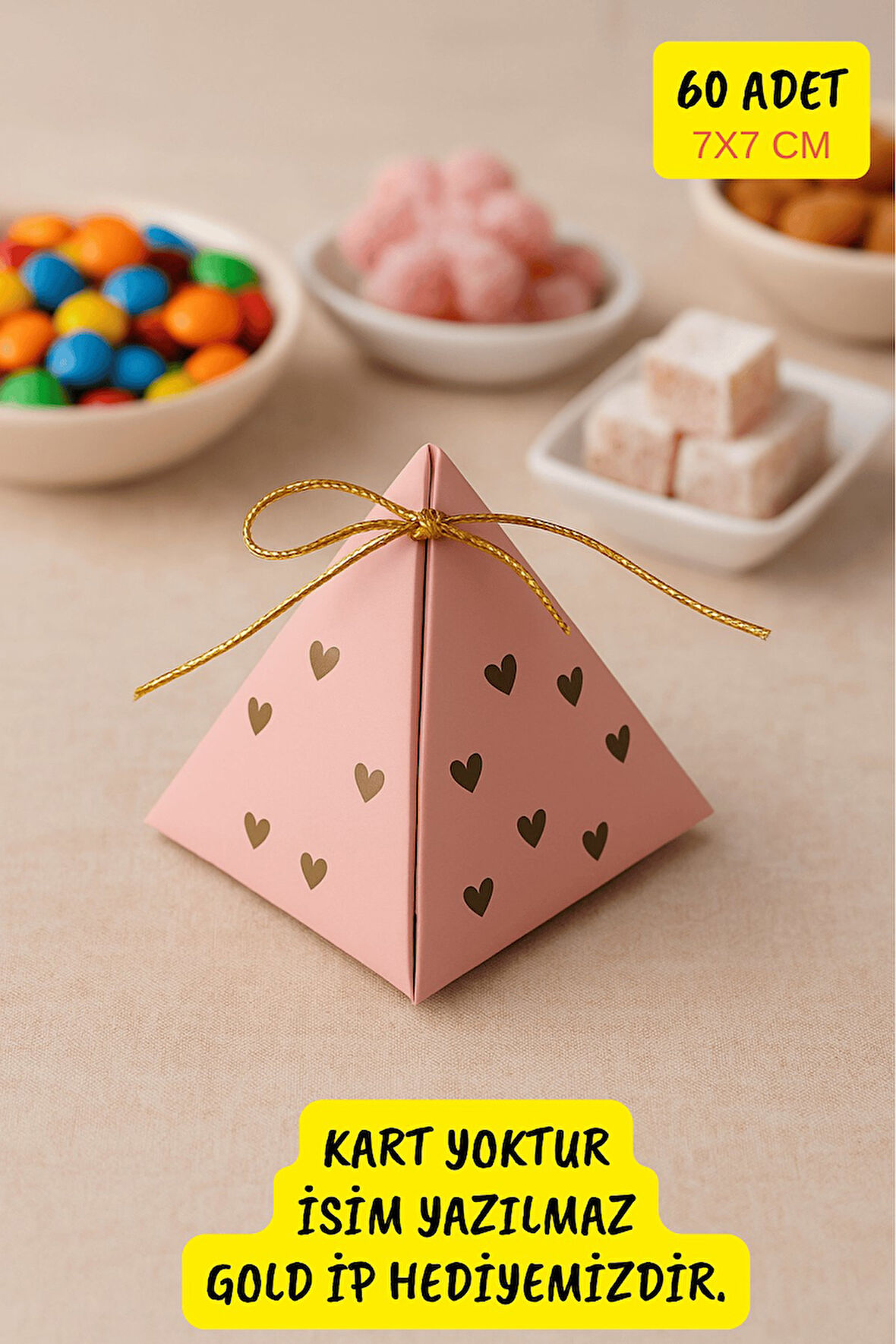 60 Adet Pembe Kalpli Piramit Kutu - Lokum Kutusu - Çikolata Kutusu - Şeker Kutusu  - Mevlid Hediyesi