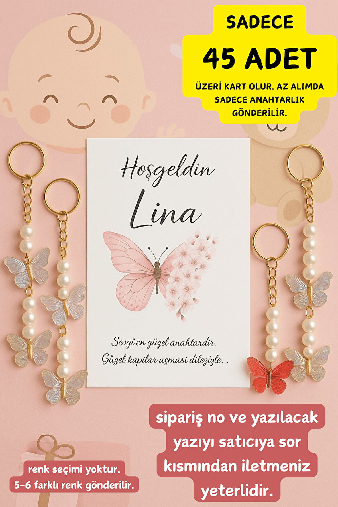 15 Adet Kelebek Kartlı Renkli Kelebek Anahtarlık - Mevlid Hediye - Kına Hediye- Sünnet Hediye