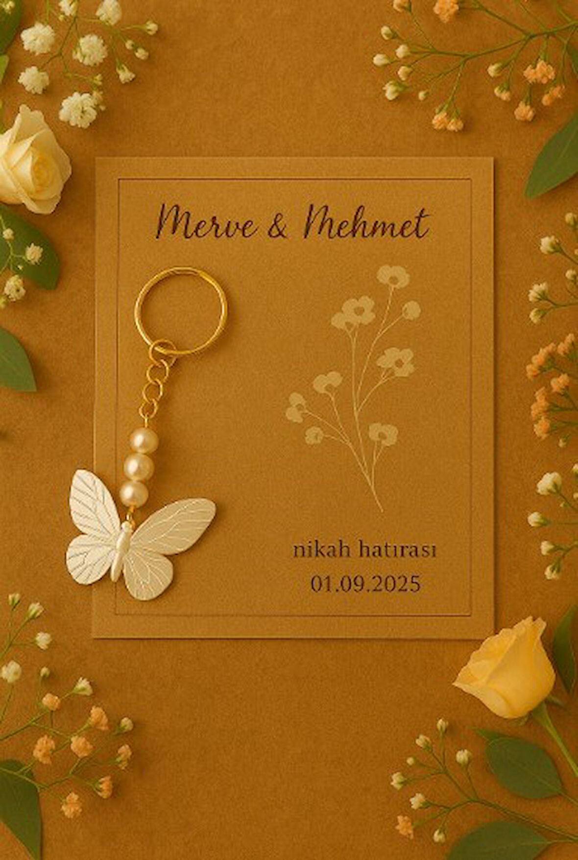 Kraft Kartlı 25 Adet Kelebek Anahtarlık Kişiye Özel Kart- Kına Hediye - Nişan Hediye - Jelatinli