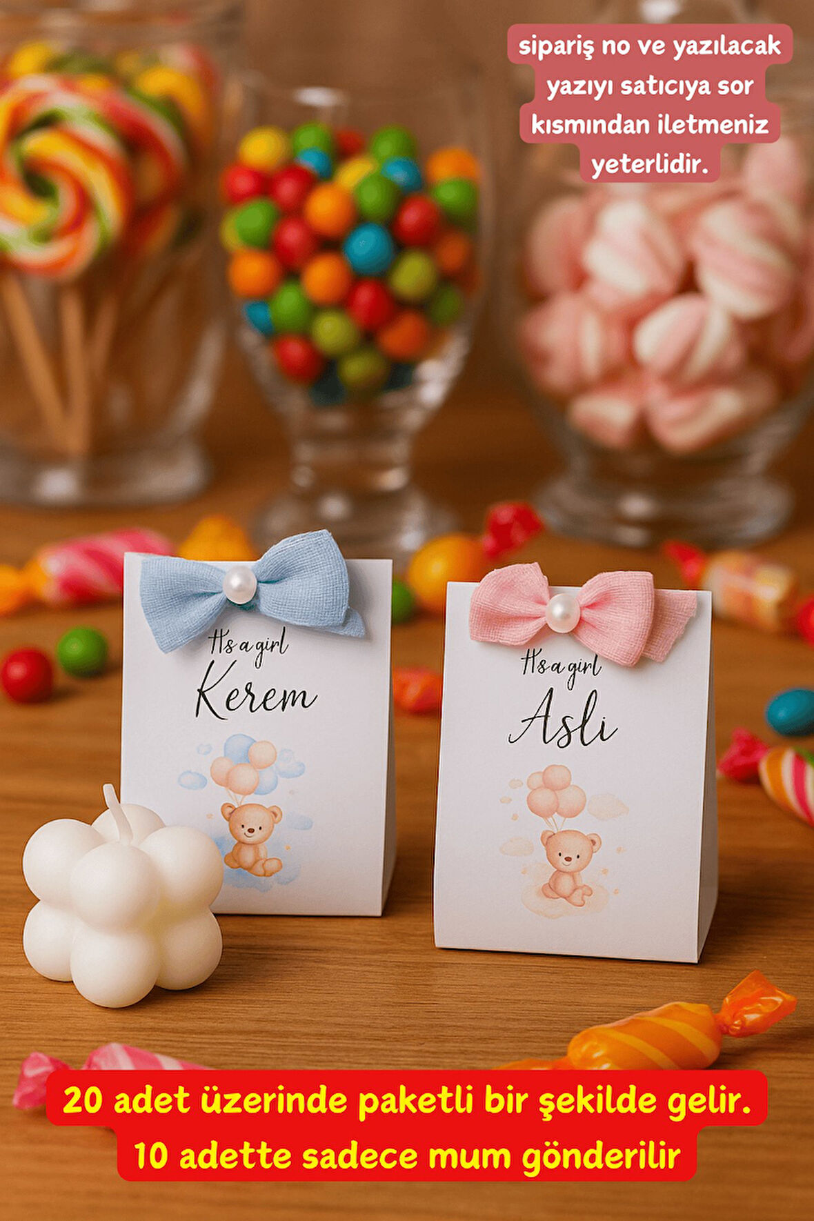 10'lu Ayıcıklı Bubble Mum - Hoşgeldin Bebek Hediyesi - Mevlit Hediye - Kına- +20 Adet Kişisel Yazı 