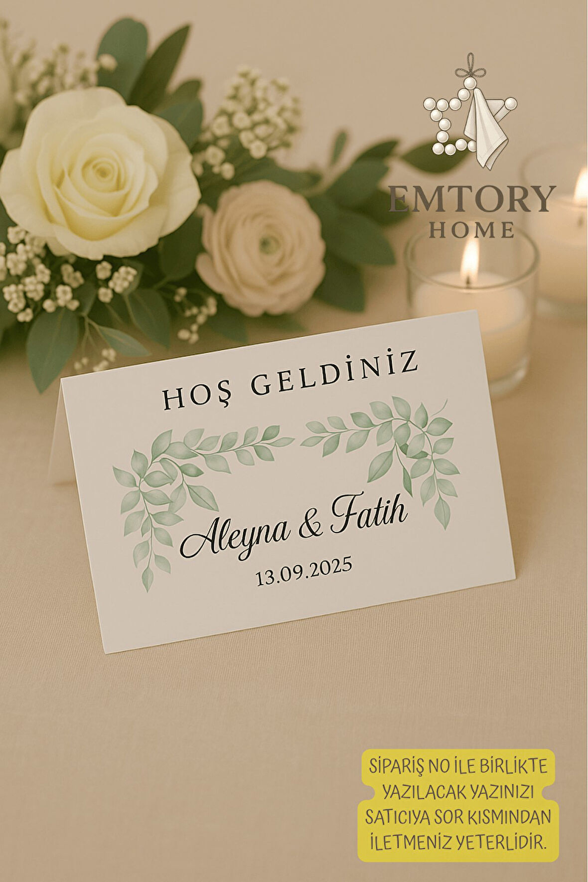 Yeşil Çiçek | 10 Adet Masa Kartı - Nişan Masa Kartı - Nikah Masa Kartı -  1.hamur