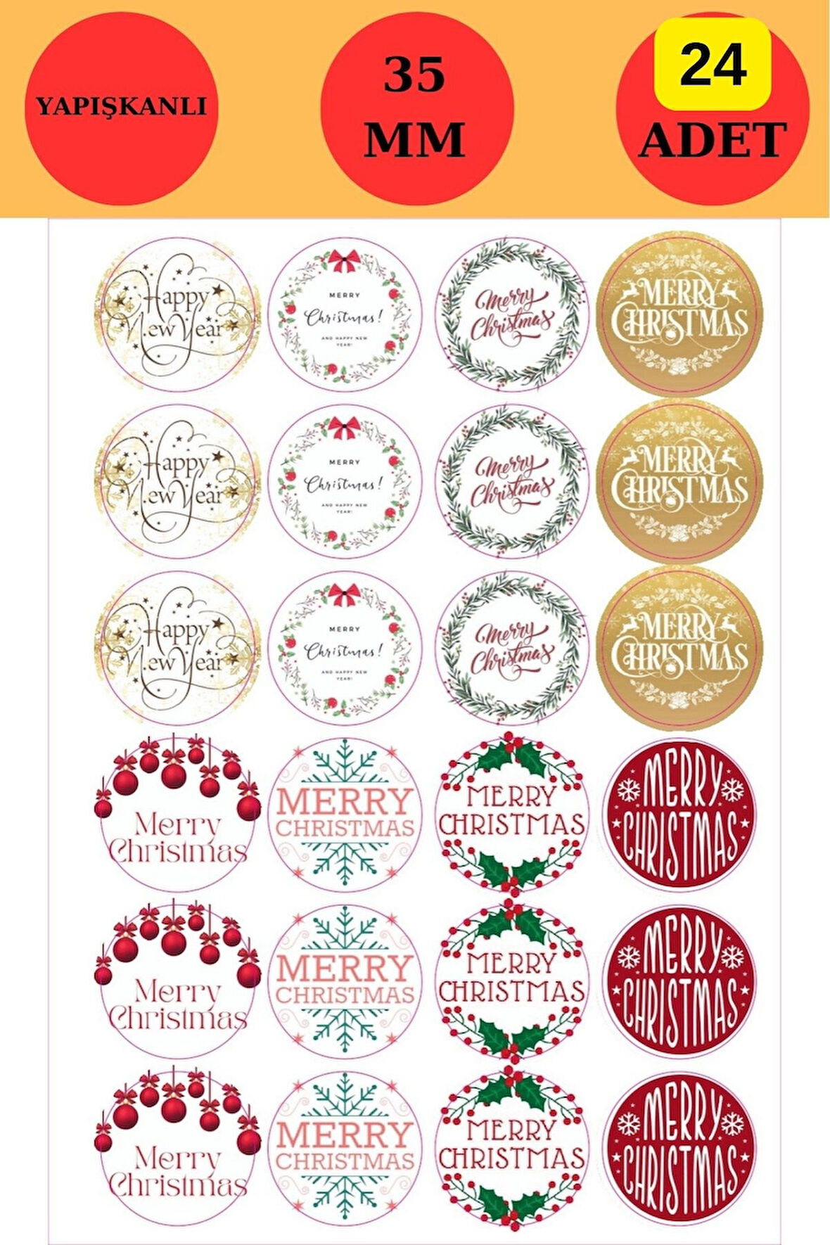 24 Adet - 8 Çeşit Yılbaşı Sticker - Yılbaşı Hediye Sticker - Yılbaşı Paketleme - Yılbaşı Süsü 