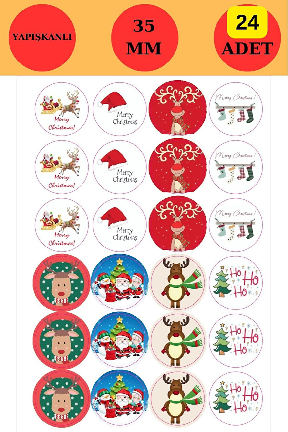 24 Adet - Geyik & Noel Şapkalı Sticker - Yılbaşı Sticker - Paketleme Sticker - Yılbaşı Süsü - Yılbaş