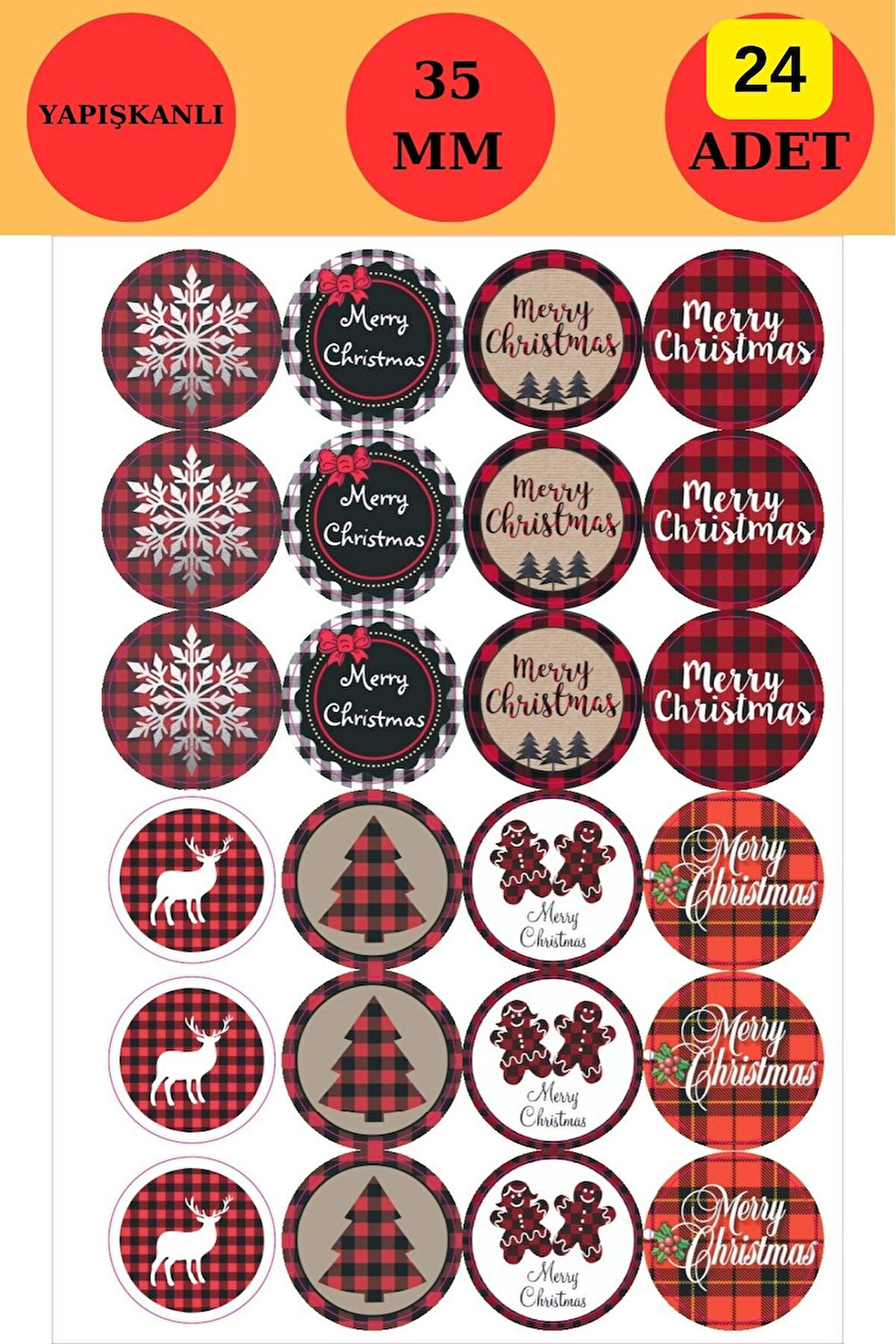 24 Adet - Ekoseli Yılbaşı Sticker - Ekose Sticker - Yılbaşı Hediyesi - Yılbaşı Süsleri - Paketleme S