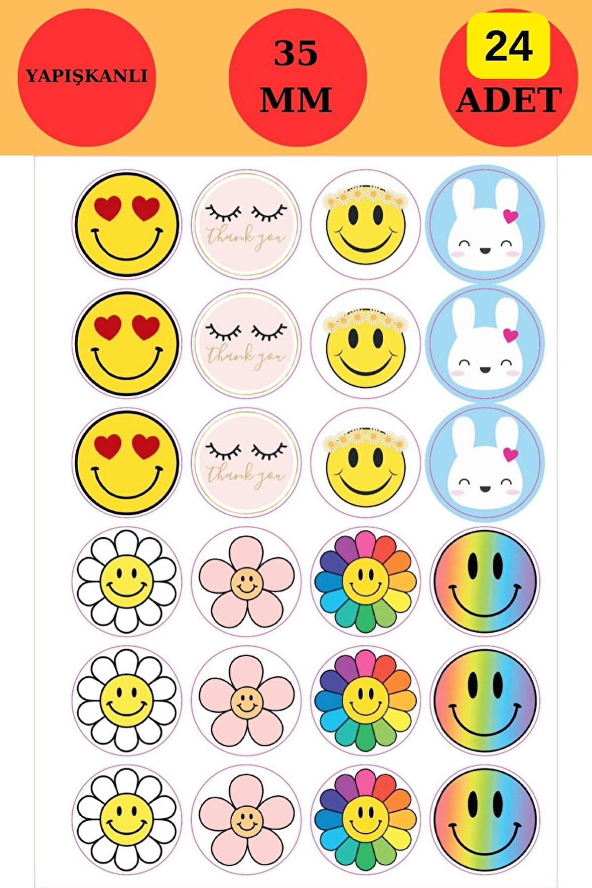 24 Adet - Emoji Sticker - Paketleme Sticker - Emoji Etiket - Gülen Yüz Sticker - Laptop Sticker