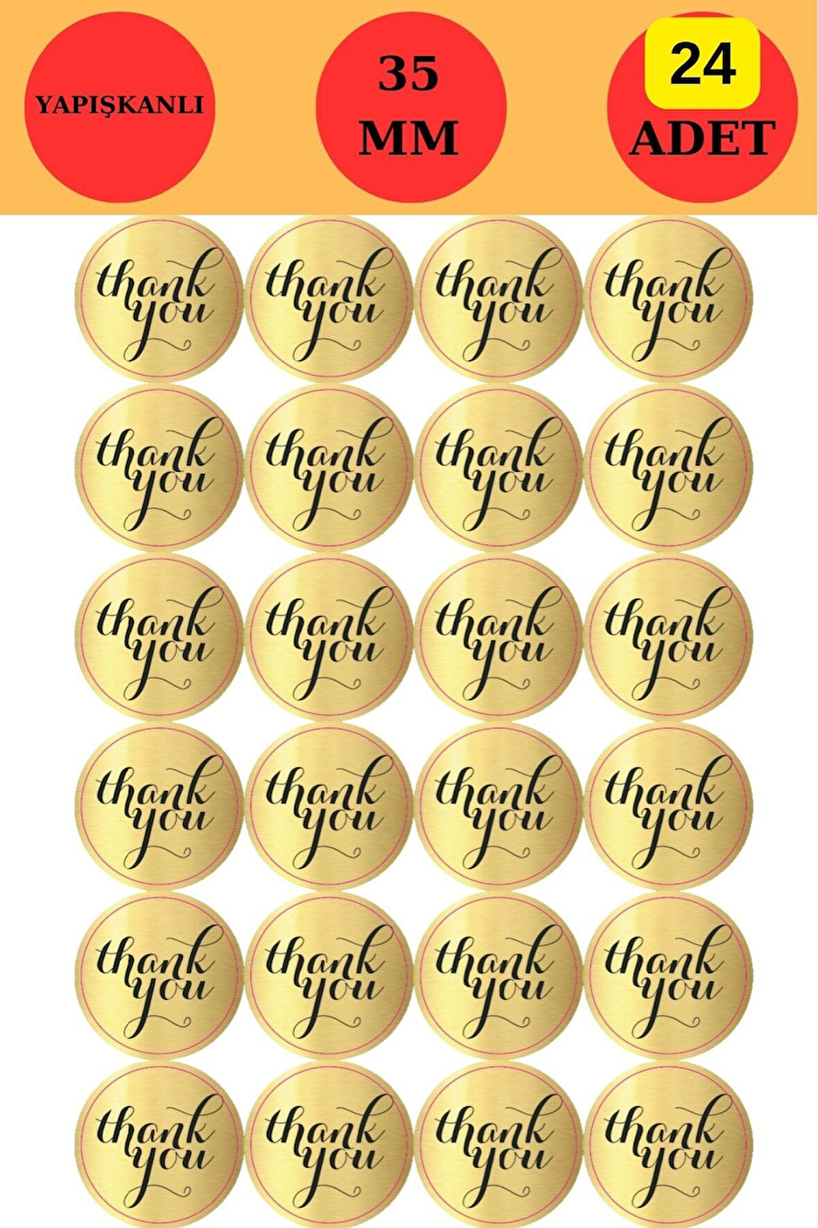 24 Adet - Gold Thank You Sticker - Gold Teşekkürler Sticker - Gold Sticker - Paketleme Sticker